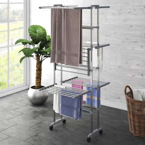 3-Tier Laundry Drying Rack with Wheels Silver 60x70x129 cm 344376