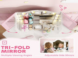 Kids Dressing Table and Stool Set, Girls Vanity Table with 2-Colour LED Lights, Tri-Folding Mirror, T3398P422151