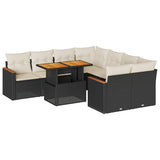 9 Piece Garden Sofa Set with Cushions Black Poly Rattan Acacia 3327465