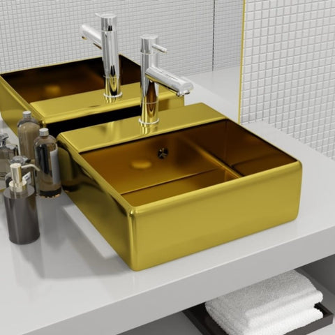 Wash Basin with Overflow 41x41x15 cm Ceramic Gold 143478