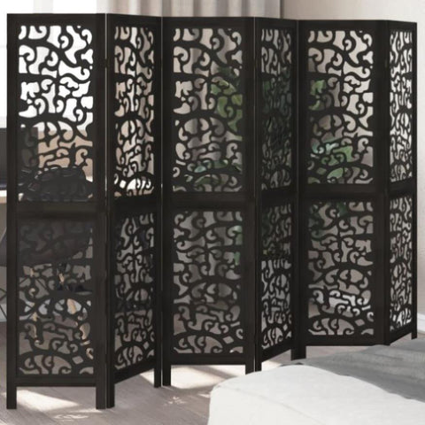 ZNTS Room Divider 6 Panels Black Solid Wood Paulownia 358761