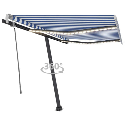 ZNTS Manual Retractable Awning with LED 300x250 cm Blue and White 3069701