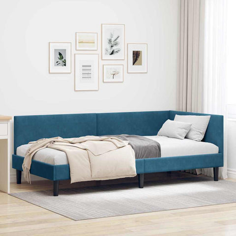 Corner Bed Frame Blue 90 x 190 cm Velvet and Engineered wood 42016215