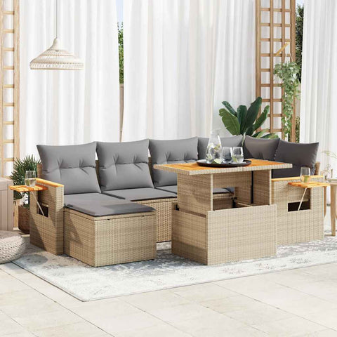 ZNTS 7 Piece Garden Sofa Set with Cushions Beige Poly Rattan Acacia 3327622