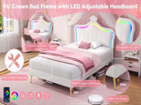 3ft Single Upholstered Bed with LED Adjustable Crown Shape Headboard, PU Leather Bed Frame with N652P265845W