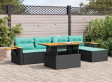 6 Piece Garden Sofa Set with Cushions Black Poly Rattan Acacia 3327585