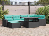 7 Piece Garden Sofa Set with Cushions Black Poly Rattan Acacia 3326348