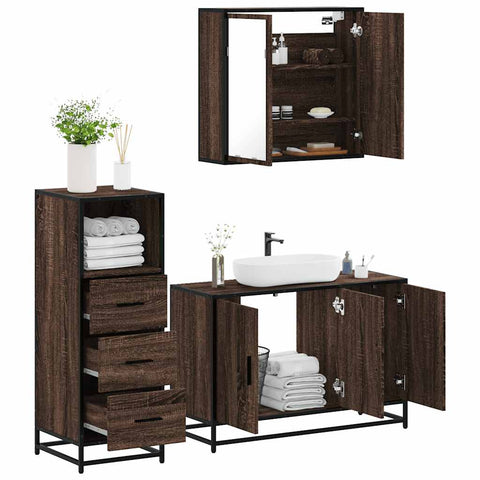 ZNTS 3 Piece Bathroom Furniture Set Brown Oak Engineered Wood 3301014