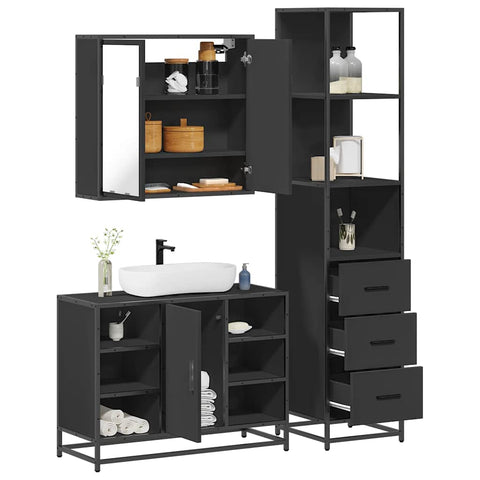 ZNTS 3 Piece Bathroom Furniture Set Black Engineered Wood 3301150