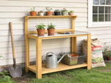 Wooden Potting Bench Table with Aluminium Worktop, Outdoor Garden Workbench with 2 Shelves T3398P552685