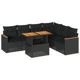 7 Piece Garden Sofa Set with Cushions Black Poly Rattan Acacia 3327492