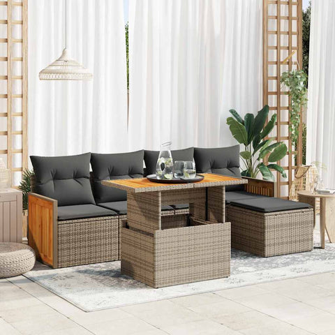 ZNTS 6 Piece Garden Sofa Set with Cushions Grey Poly Rattan Acacia 3327700