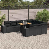 10 Piece Garden Sofa Set with Cushions Black Poly Rattan Acacia 3327422
