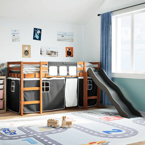 Kids' Loft Bed with Curtains White&Black 80x200 cm Solid Wood Pine 3309071