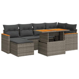 ZNTS 7 Piece Garden Sofa Set with Cushions Grey Poly Rattan Acacia 3327511