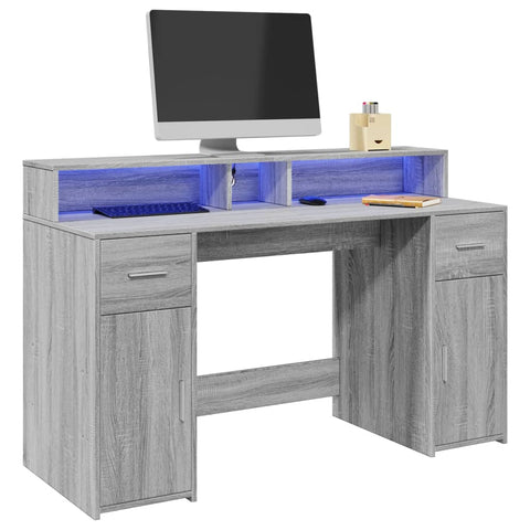 Desk with LED Lights Grey Sonoma 140x55x91 cm Engineered Wood 3309425