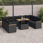 ZNTS 10 Piece Garden Sofa Set with Cushions Black Poly Rattan Acacia 3327527