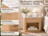 Set of 2 Modern Fluted Bedside Tables, Oak Effect Nightstands with Marble-Effect Top, Spacious N606P518989E