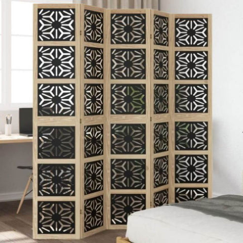 ZNTS Room Divider 5 Panels Brown and Black Solid Wood Paulownia 358807