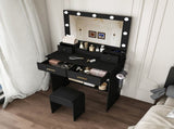 Makeup Vanity Desk with 9 Hollywood Bulbs,with a large mirror, featuring 4 drawers and 1 open W1196P519991