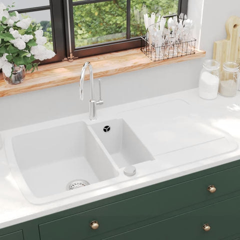 ZNTS Granite Kitchen Sink Double Basins White 144855