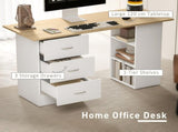 Computer Desk, Writing Table, PC Workstation with 3 Storage Shelves and Drawers, Silver Handle, for T3398P378019