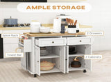 Rolling Kitchen Island Storage Trolley with Rubber Wood Top & Drawers for Dining Room, White T3398P329526