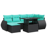 7 Piece Garden Sofa Set with Cushions Black Poly Rattan Acacia 3326668