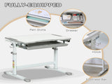 Kids Desk and Chair Set, Student Adjustable Writing Desk, with Drawer, Pen Slot, Hook - Grey T3398P347711