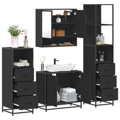 ZNTS 4 Piece Bathroom Furniture Set Black Engineered Wood 3301275