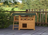 Cat House Outdoor w/ Balcony Stairs Roof, 77 x 50 x 73 cm, Natural Wood Finish T3398P349841