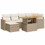 7 Piece Garden Sofa Set with Cushions Beige Poly Rattan Acacia 3327509
