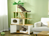 2-in-1 Hidden Cat Litter Box, Green Leaf Cat Tree, with House, Ladder, Scratching Posts, Platforms, T3398P349990