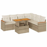 7 Piece Garden Sofa Set with Cushions Beige Poly Rattan Acacia 3327495
