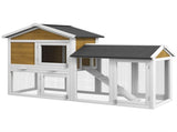 Wooden Rabbit Hutch Outdoor, Double Tier with Water-Resistant Roof, Ramp 147 x 54 x 84 cm, Yellow T3398P350033