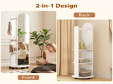 2-in-1 Full Length Mirror with Storage Shelves, Floor Mirror with 4 Wheels, Coat Rack, Hooks, White T3398P548078