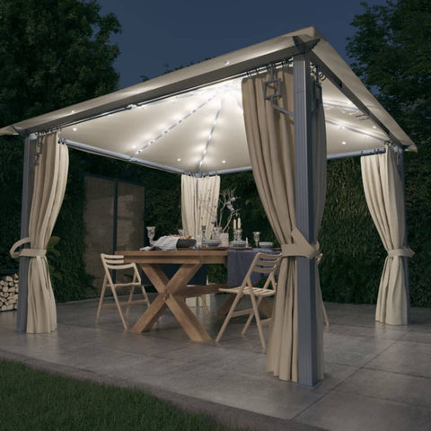 ZNTS Gazebo with Curtain&LED String Lights 3x3 m Cream Aluminium 3070332