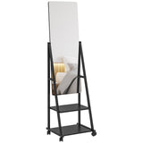 Free Standing Dressing Mirror, Rolling Full Length Mirror on Wheels with Adjustable Angle, Storage T3398P343255