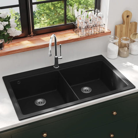 ZNTS Overmount Kitchen Sink Double Basin Granite Black 141675