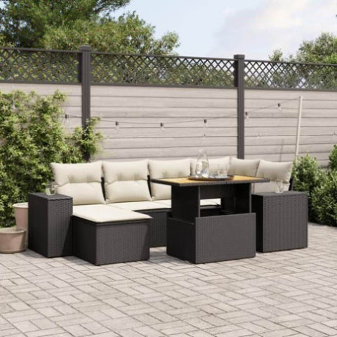 ZNTS 7 Piece Garden Sofa Set with Cushions Black Poly Rattan 3272736