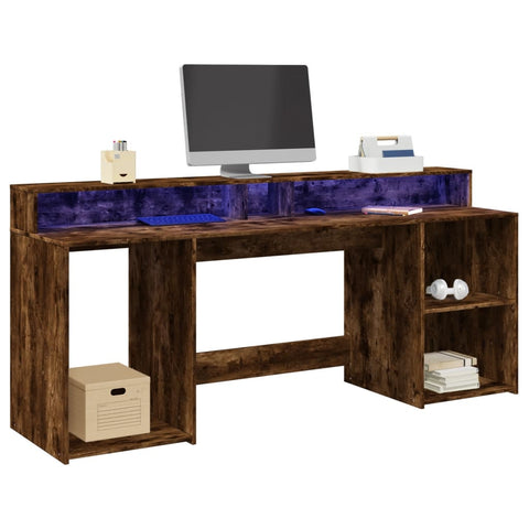 Desk with LED Lights Smoked Oak 200x55x91 cm Engineered Wood 3309442