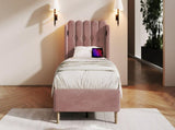 (N601P288477R) Upholstered Single Bed with USB and Type-C Charging, 3FT Bed Frame with Wooden N601P459871R