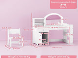 Kids Vanity Table and Chair Set, Girls Dressing Table with 2-Colour LED Mirror, Stool, Cabinet, T3398P552692