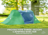 3 Man Camping Tent with Living Area and 2 Bedrooms, 3000mm Waterproof Family Tent with Sewn-in T3398P349077