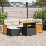 7 Piece Garden Sofa Set with Cushions Black Poly Rattan Acacia 3327731