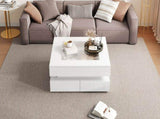 Highgloss Coffee Table with 3 drawers, LED lights, Square Centre Table with glass tabletop, Sofa N605P374075W