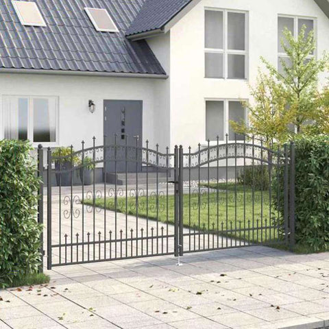 Fence Gate with Spear Top with Lock Grey 305 x 125 cm Steel 42009044
