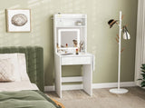 Small Vanity Desk with Mirror LED Lights, Compact Dressing Table with Drop Leaf, Open Shelves T3398P378102