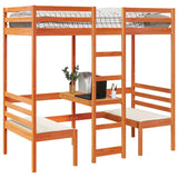 ZNTS Loft Bed Frame with Desk and Chairs Wax Brown 75x190cm Solid Wood Pine 3308564