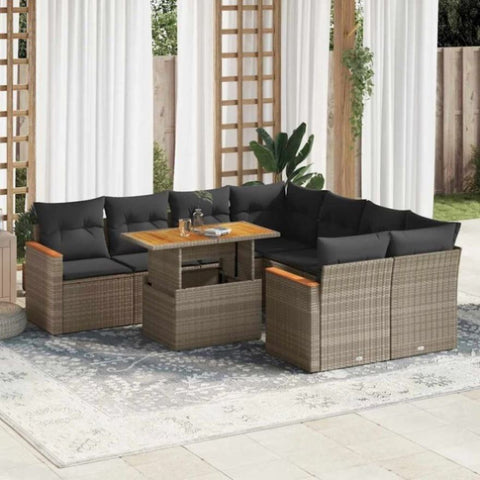 9 Piece Garden Sofa Set with Cushions Grey Poly Rattan Acacia 3327469